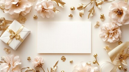 Creamy gold tones paired with bright floral accents, offering a luxurious greeting card layout. Flat lay.