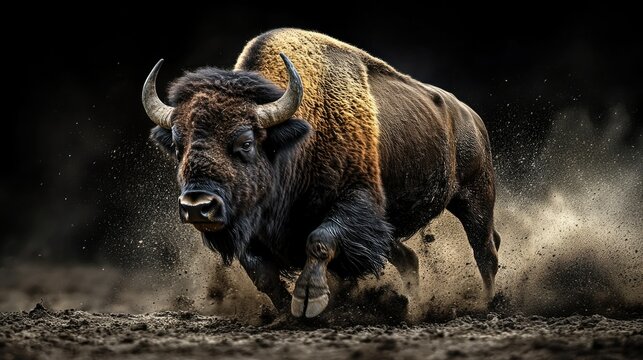 Running bison kicks up dirt in a dramatic display of power and speed in a natural landscape setting