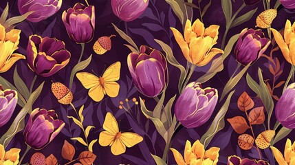 Vibrant floral pattern featuring purple and yellow tulips with butterflies against a dark background