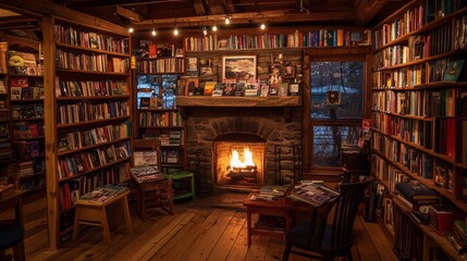Obraz premium Inviting bookstore interior with shelves of books, a snug reading nook, and a glowing fireplace.