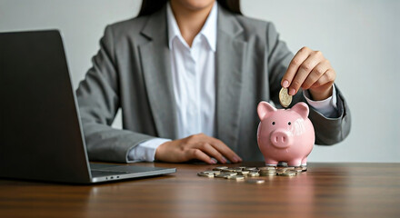 Woman' hand putting money into pink piggy bank. Business woman put money in to piggy bank. laptop on the table. business and financial concept.