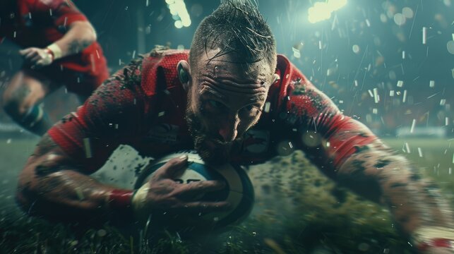Athlete scoring try in rugby match under floodlights during intense competition in a muddy field - Powered by Adobe
