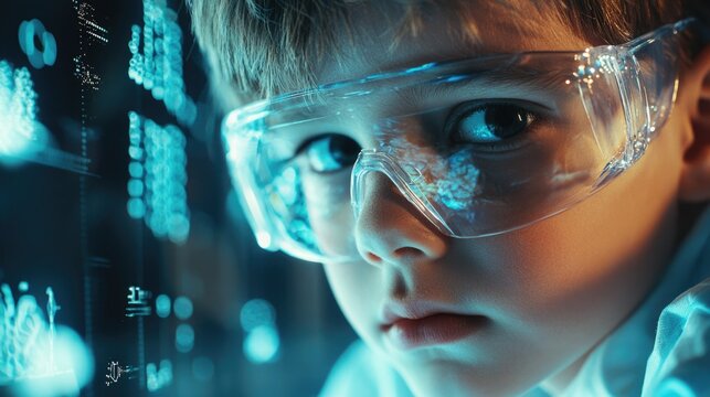 Young boy experimenting with technology in a futuristic setting with digital displays and protective eyewear