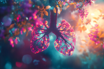 Fototapeta premium Vibrant lungs with floral design in a colorful natural setting