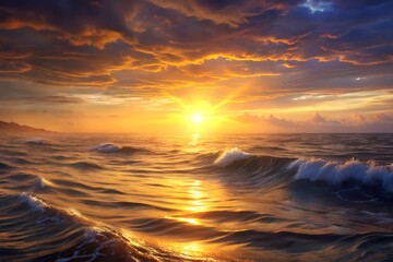 Obraz premium a panoramic view of sparkling Pacific Ocean with sun setting 