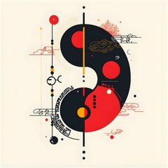 Obraz premium Abstract orange and black wall art, Geometric circle and line art, Minimalist abstract painting, Modern abstract poster, Contemporary abstract art print