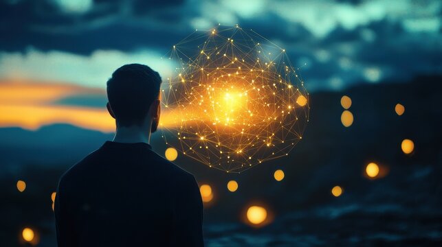 Back view of backlit man looking at creative glowing lamp with polygonal connections on night landscape background. Idea and innovation concept