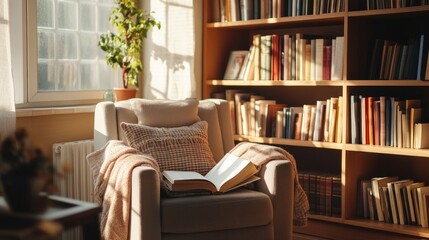 Inviting home nook with a cozy armchair, designed for book lovers wanting a serene, relaxing space to enjoy a book.