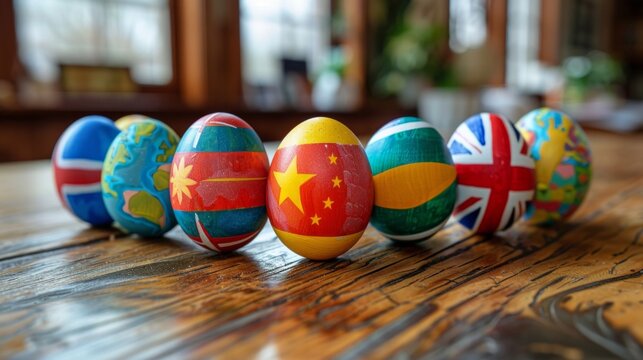 Eggs colored in flags of different countries reflect cultural diversity and international unity. suitable for materials about international holidays, cultural exchanges and global cooperation.