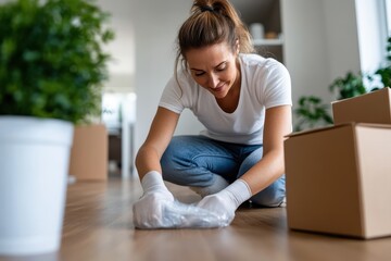A focused young woman kneels on the floor unwrapping items with care, emphasizing her attention to detail as she enjoys the process of unpacking her new belongings.
