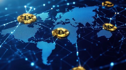 Polygon world map with blockchain technology peer to peer network on blue background. Network, p2p business, e-commerce, bitcoin trading and global cryptocurrency blockchain business banner concept.