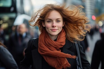 A graceful woman wearing an orange scarf stands confidently in a busy urban setting, capturing the essence of warmth and personality in metropolitan surroundings.