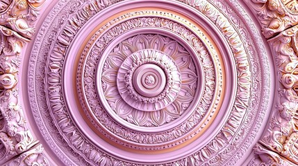 Fototapeta premium Intricate circular ceiling design with ornate detailing in soft pink hues.
