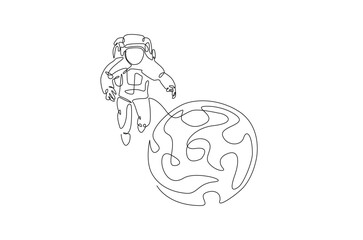 Astronaut and planet in continuous one line drawing. Simple line art illustration of astronaut exploring outer space. Editable vector.