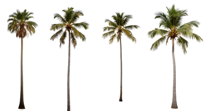 Set of palm trees on an isolated transparent background. Concept of the set and decoration.