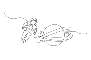 Astronaut and planet in continuous one line drawing. Simple line art illustration of astronaut exploring outer space. Editable vector.