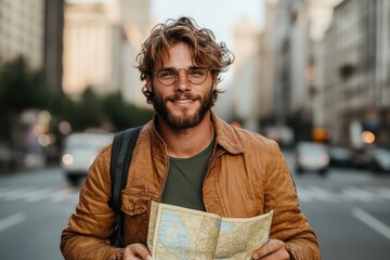 A joyful man with a beard and glasses holds a detailed map, showcasing his adventurous spirit against the backdrop of a bustling city and towering buildings.