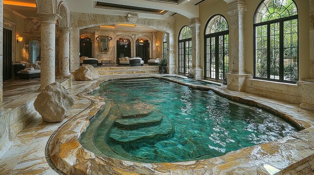 Indoor luxury pool in palatial home with lounge area and garden view