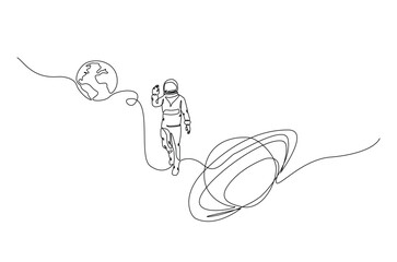 Obraz premium Astronaut and planet in continuous one line drawing. Simple line art illustration of astronaut exploring outer space. Editable vector.