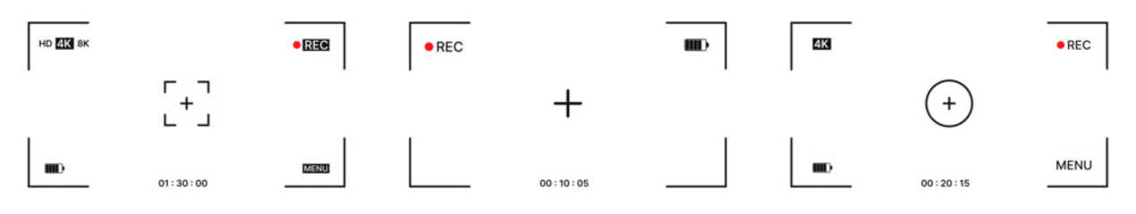 Camera icon set for recording video with a screen, frame, viewfinder, and focus for surveillance, 4K movie production, and CCTV. Includes REC on display with grid and capture icons for photography.