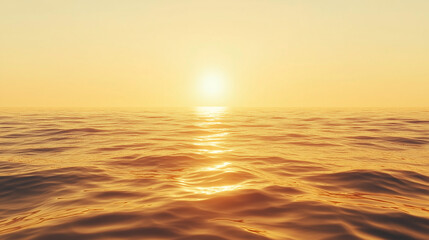 Fototapeta premium A breathtaking view of the sun setting on the horizon, casting golden hues over calm ocean waters. The sky transitions to warm colors as day turns to night.
