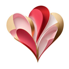 A modern geometric composition of overlapping hearts in vibrant red, pink, and gold tones, perfect for Valentine's Day greeting cards or web designs