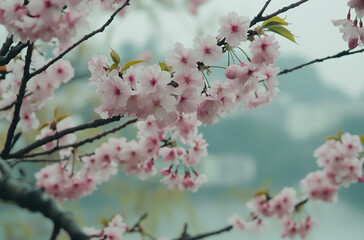 Obraz premium Soft pink cherry blossoms on branches with a serene blurred background