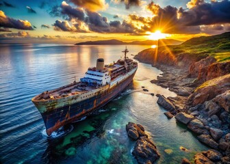 Fototapeta premium Aerial View of a Historic Shipwreck, Coastal Wreckage, Drone Photography