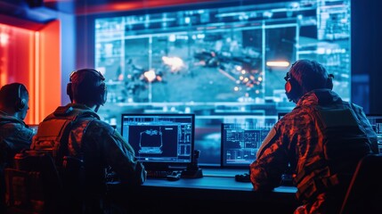 Soldiers engaged in tactical operations at a high-tech command center with advanced displays