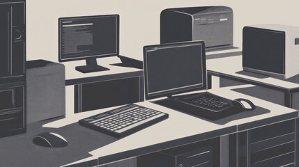 Retro Office Technology Scene - A Timeless Digital Workspace