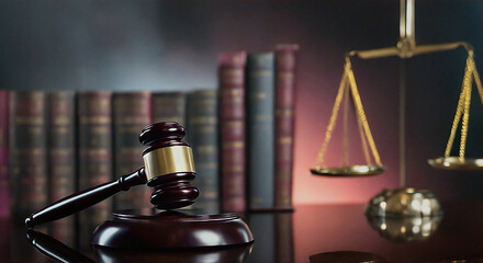 judge gavel, law books and scales of justice on desk in lawyer office. legal justice concept. Law concept. Mallet of the judge