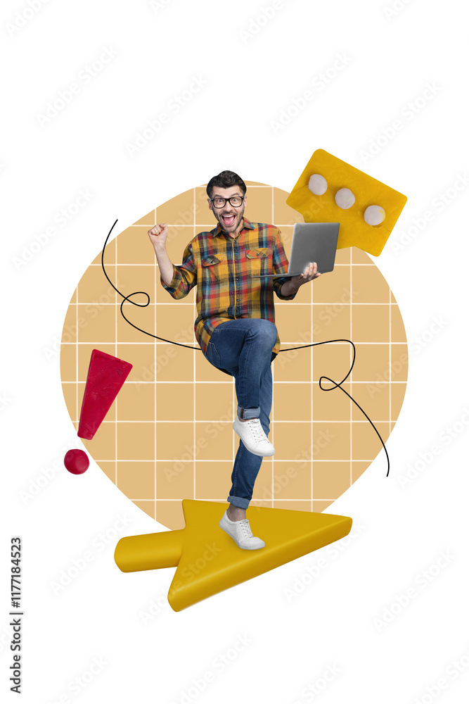Poster Vertical collage picture of excited mini guy stand big arrow cursor pointer raise fist use netbook receive comment message exclamation mark