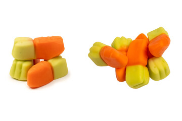 Juicy colorful jelly sweets isolated on white.  Jelly carrots.