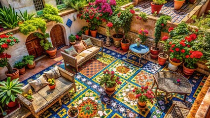 Fototapeta premium Aerial View of a Stunning Moroccan Terrace with Lush Gardens and Intricate Design