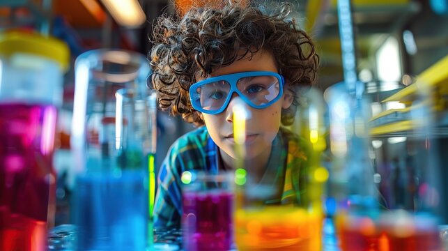  A young boy with wild hair and goggles, immersed in playing with vibrant liquids in a lab, captured in 32k uhd with mesmerizing colorscapes. 