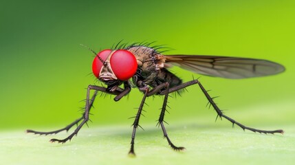 Macro shot of red-eyed fly on green leaf