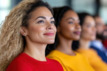 Obraz premium A woman in a red sweater displays a focused expression while seated among others, reflecting confidence and determination in a modern business environment.