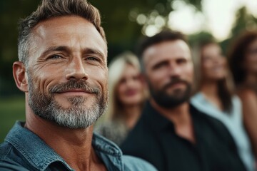 A charismatic, bearded man smiles confidently in the foreground with others behind him, embodying leadership qualities in a relaxed outdoor setting filled with natural light.