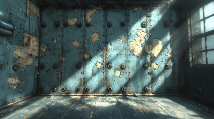 Sunlit abandoned industrial room with rusty metal wall, peeling paint, wooden floor, and barred window