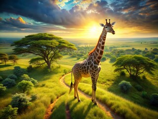 Obraz premium Aerial View of Animated Giraffe in Savannah, Drone Photography