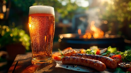 Outdoor BBQ party. Delicious grilled sausages and fresh foamy beer against the backdrop of a smoking grill