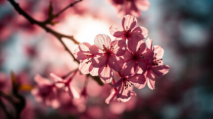 Beautiful pink cherry blossoms blooming in spring sunlight