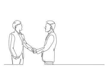 Businessmen handshaking with the client in continuous one line drawing. Simple line art illustration of Business deal concept. Editable vector.