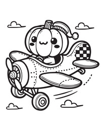 Coloring book cute pumpkin fly with air plane 