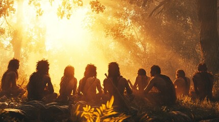Fototapeta premium Early humans in a prehistoric scene, showcasing tools and survival, perfect for educational and historical content.