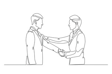 Businessmen handshaking with the client in continuous one line drawing. Simple line art illustration of Business deal concept. Editable vector.