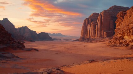 Vibrant desert landscape at sunset with majestic rock formations. The colors blend beautifully in the sky. A serene and breathtaking view awaits explorers. Generative AI