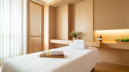 Relaxing Spa Room with Modern Aesthetic, Crisp White Linens, Natural Wood Accents, Fresh Towels, and Ambient Lighting for a Soothing Experience