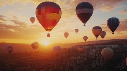 Obraz premium A stunning view of colorful hot air balloons soaring gracefully at sunrise. Experience the beauty of freedom and adventure in this breathtaking scene. Generative AI