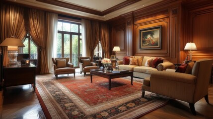 Luxurious modern living room featuring warm wooden design and elegant furniture, perfect for relaxation and entertaining guests